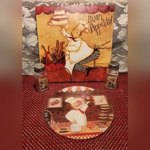 Fat Chef Wall Decor, Fat Chef Trivet, and Fat Chef Salt and Pepper Set